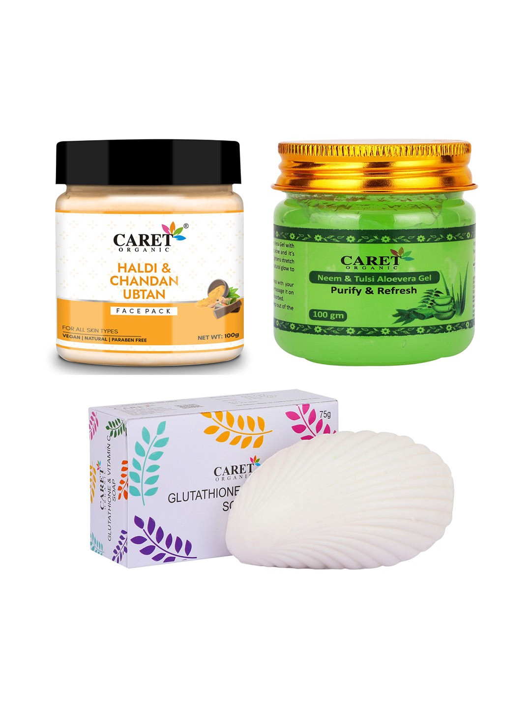 

CARET ORGANIC Chandan Ubtan Face Pack, Aloevera Gel & Glutathione Vitamin C Soap Combo, White