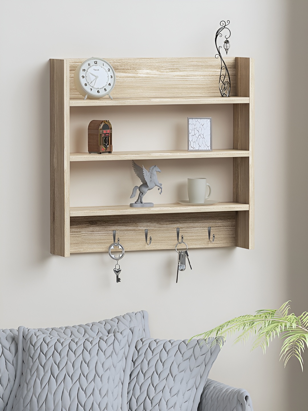 

RANDOM Beige Engineered Wood Pocket Wall Shelf with Key-Holders