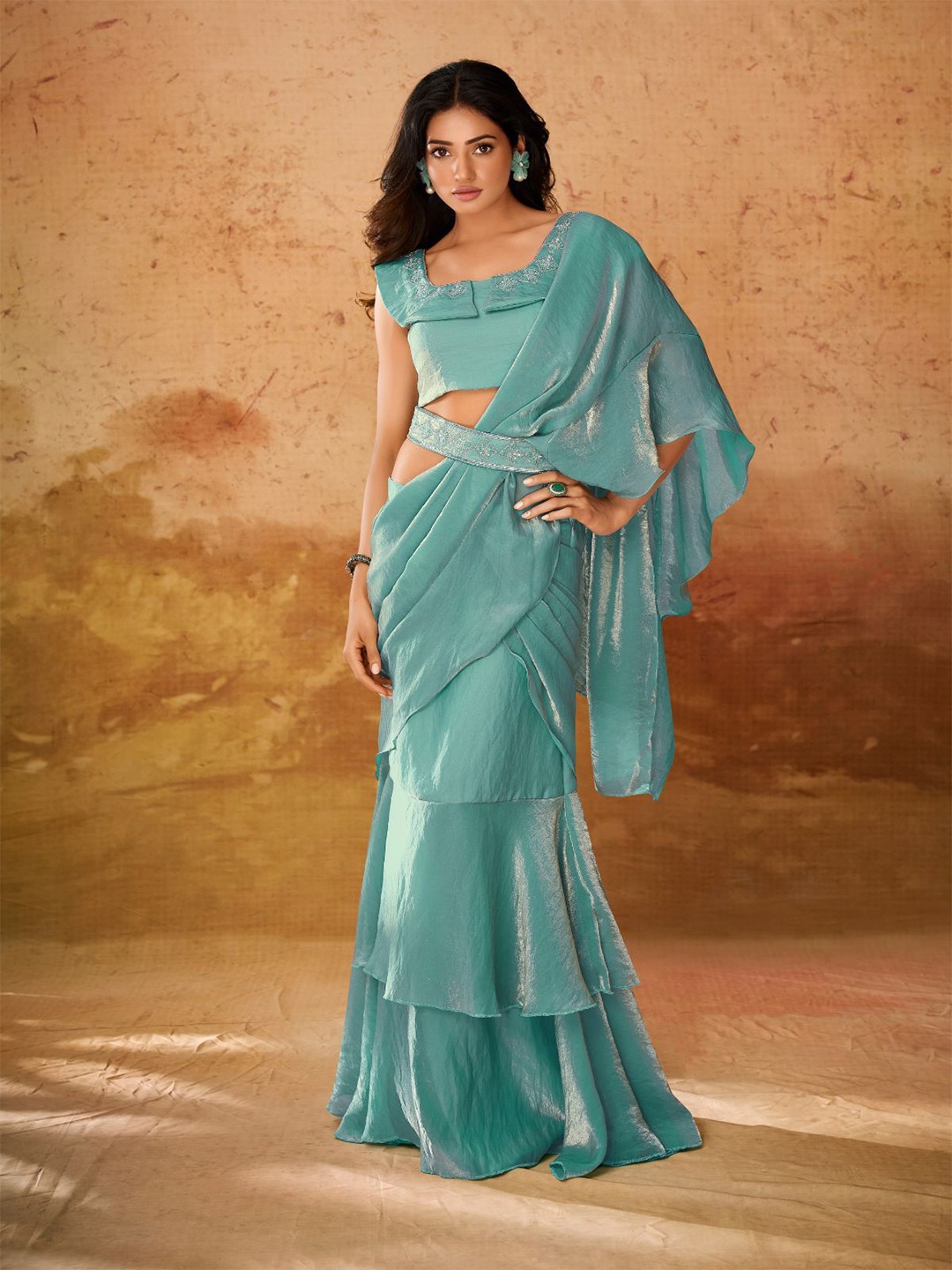 

ODETTE Organza Ready To Wear Saree, Turquoise blue