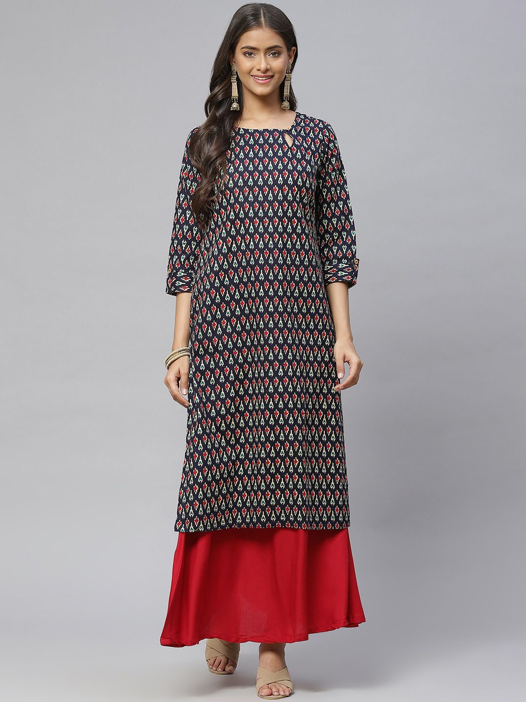 

BAESD Women Geometric Printed Keyhole Neck Flared Sleeves Thread Work Kurta, Blue