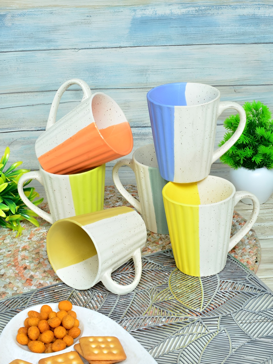 

FABINALIV White & Blue 6 Pieces Textured Ceramic Matte Mugs 300 ml