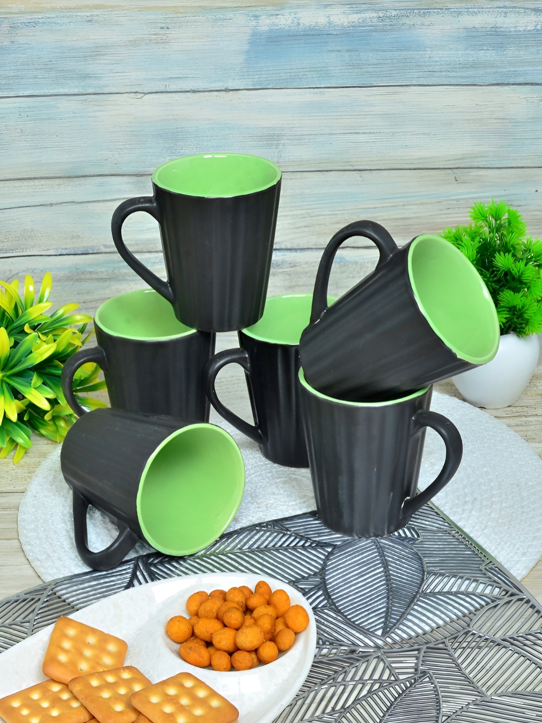 

FABINALIV Black & Green 6 Pieces Textured Ceramic Matte Mugs 200 ml