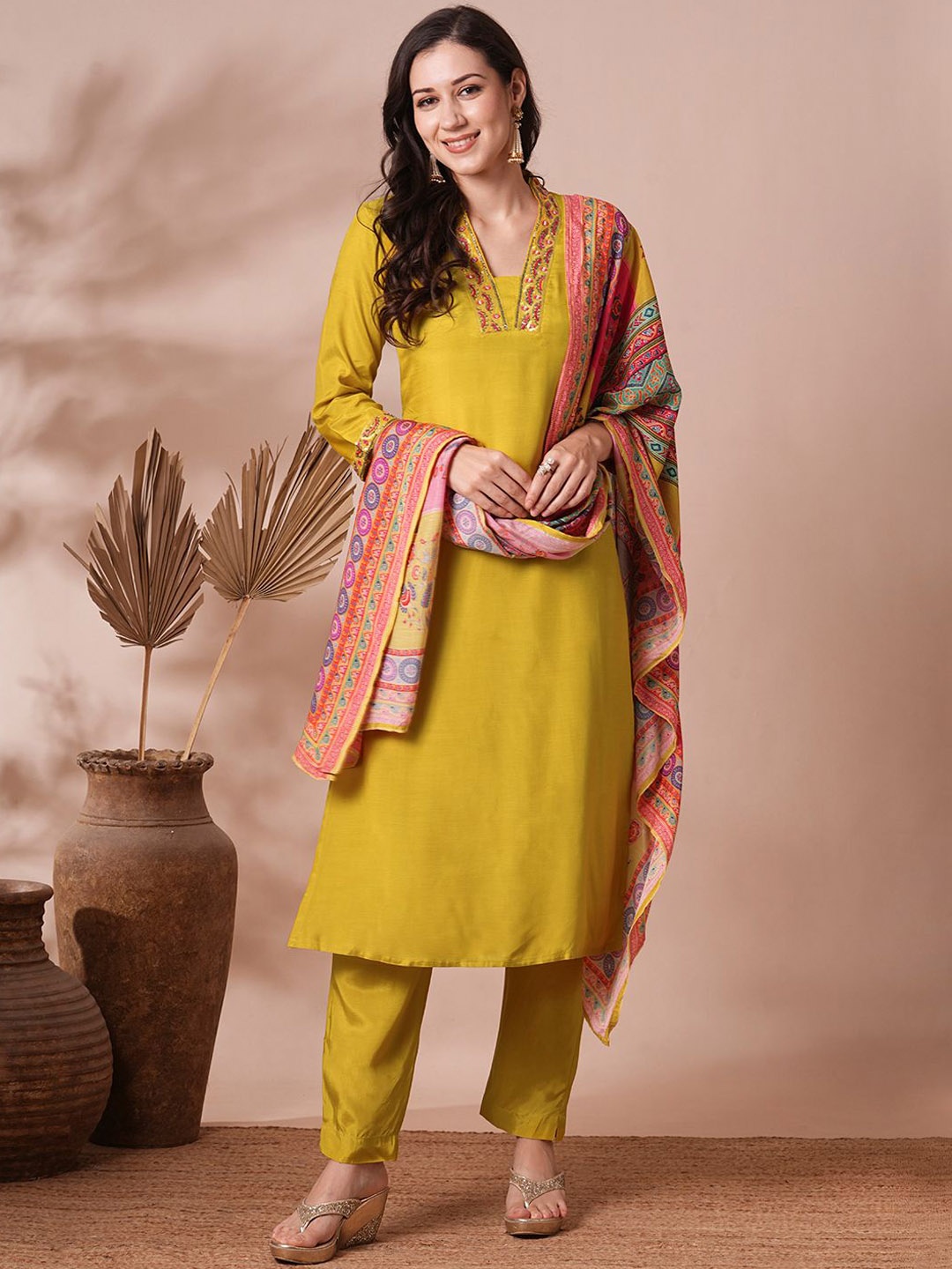 

FASHOR Floral Embroidered Mirror Work Straight Kurta With Trouser & Dupatta, Yellow