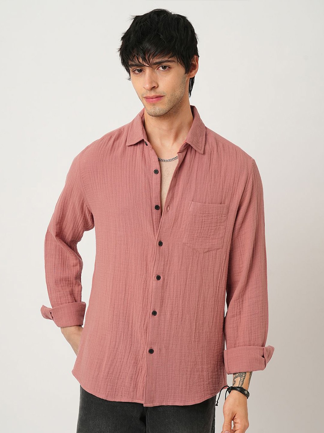 

VASTRADO Men Classic Cutaway Collar Solid Cotton Slim Fit Casual Shirt, Pink