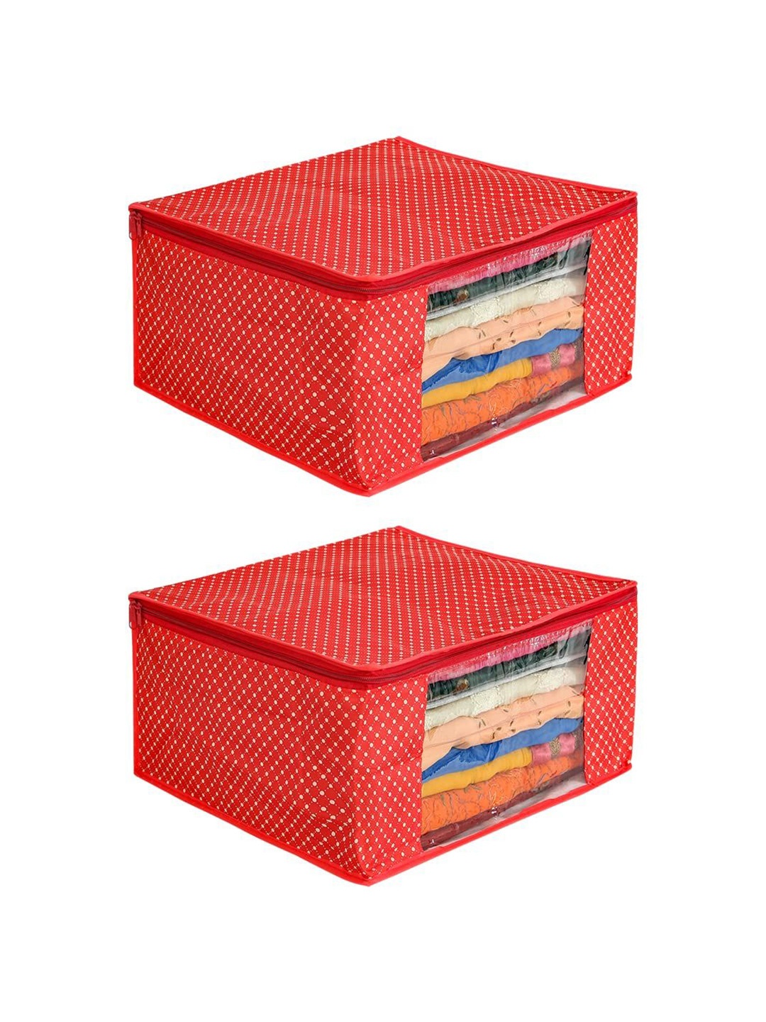 

prettykrafts Red & Beige 2 Pieces Cotton Sari Cover Bag Drawer Organiser