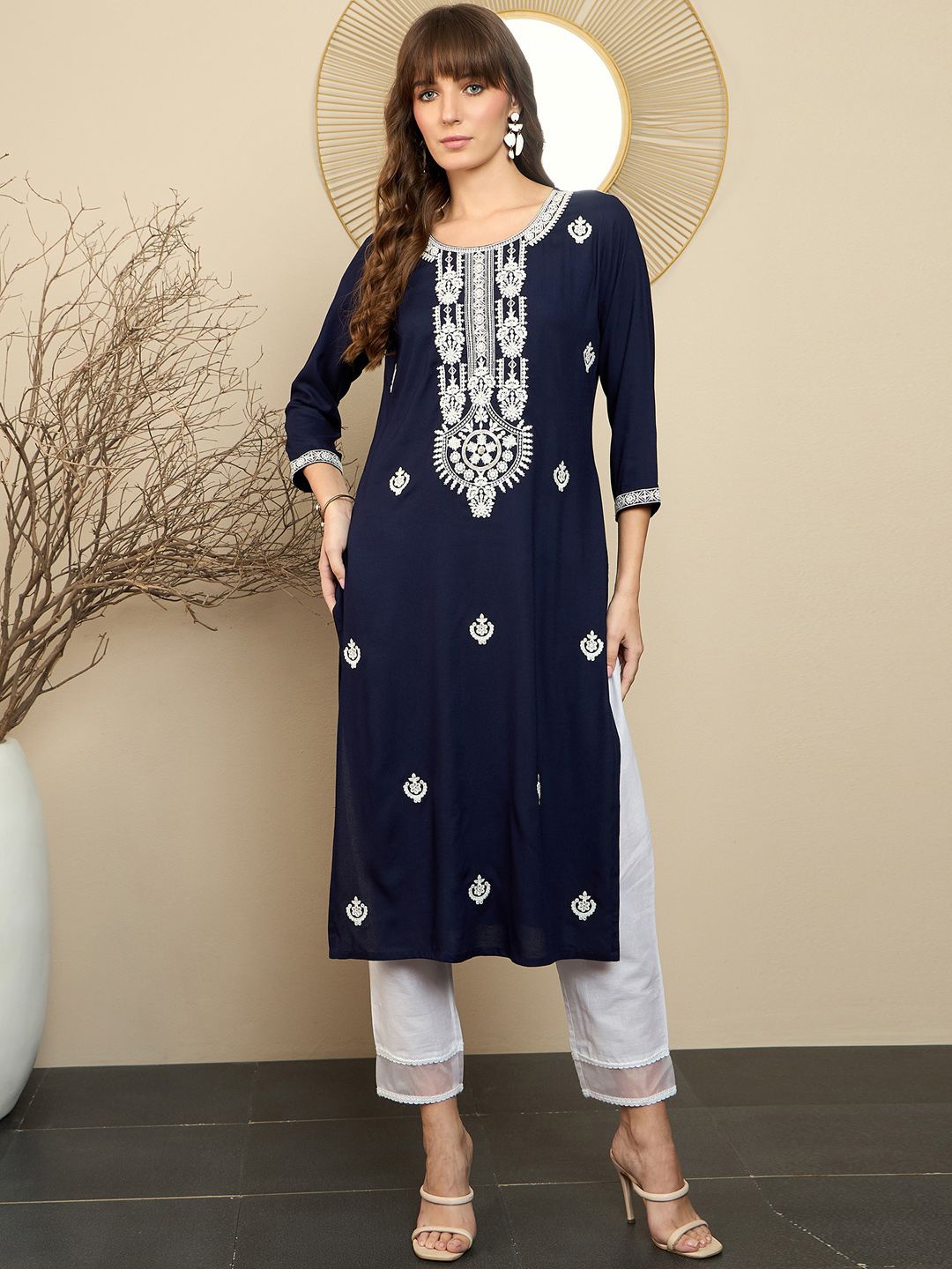 

Indo Era Floral Embroidered Straight Kurta, Navy blue