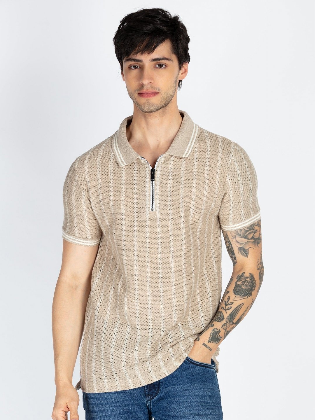 

Status Quo Men Striped Polo Collar T-shirt, Beige