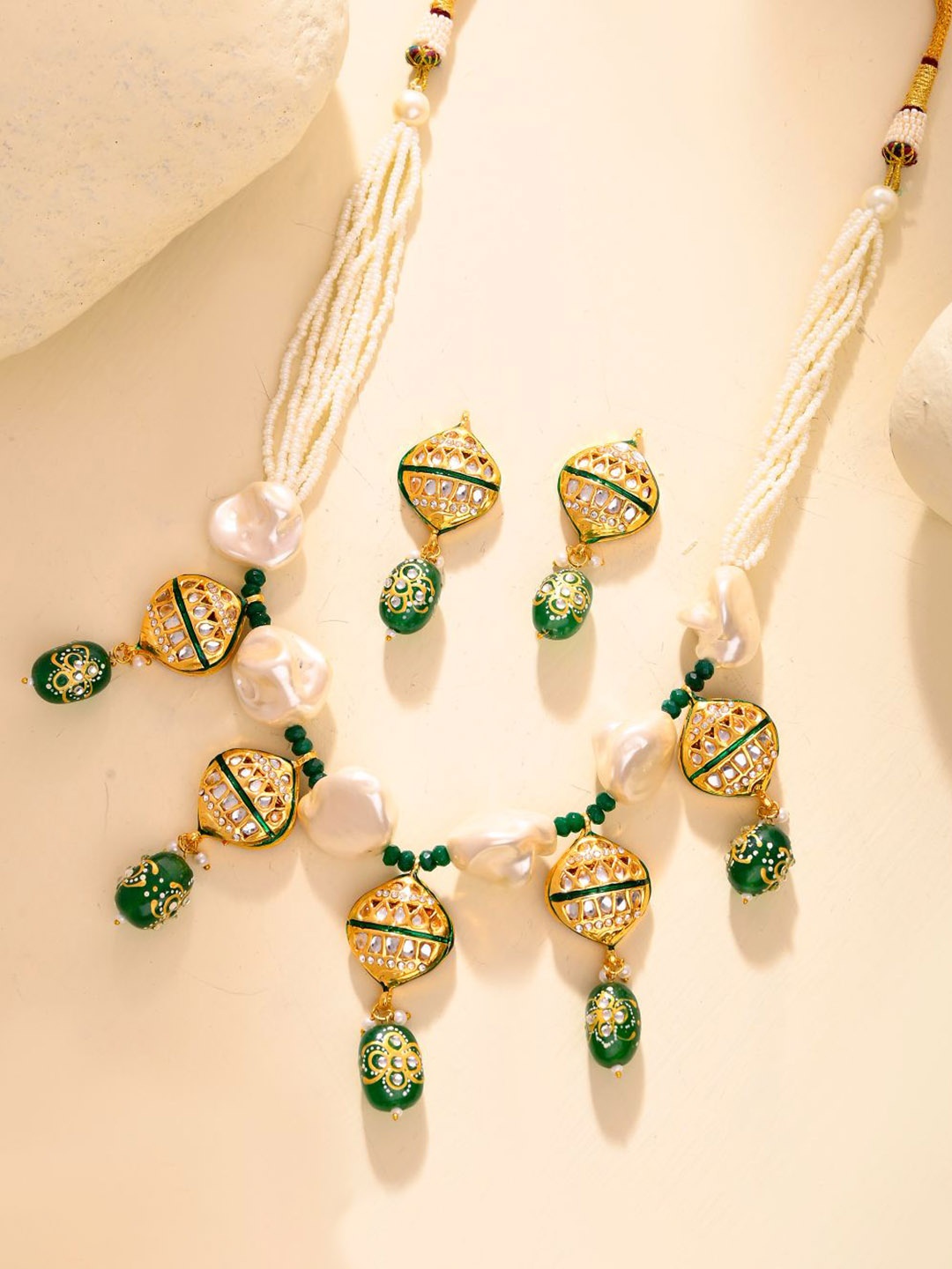 

DASTOOR Gold-Plated Stone-Studded & Beaded Jewellery Set