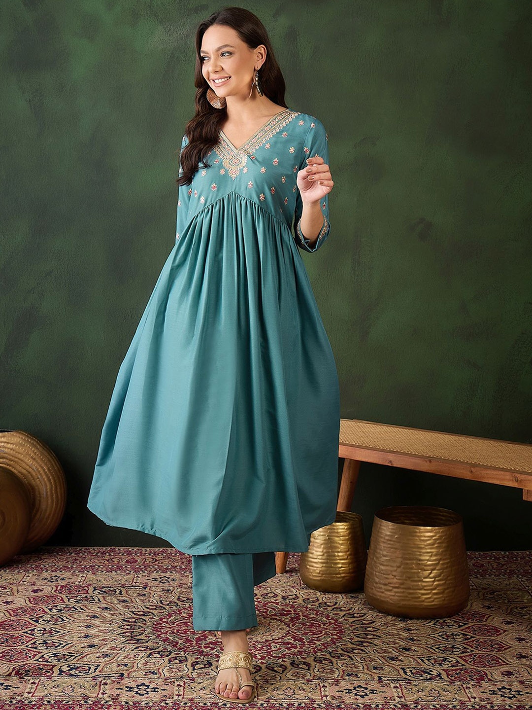 

Sangria Women Embroidered A-Line Kurta & Salwar, Teal