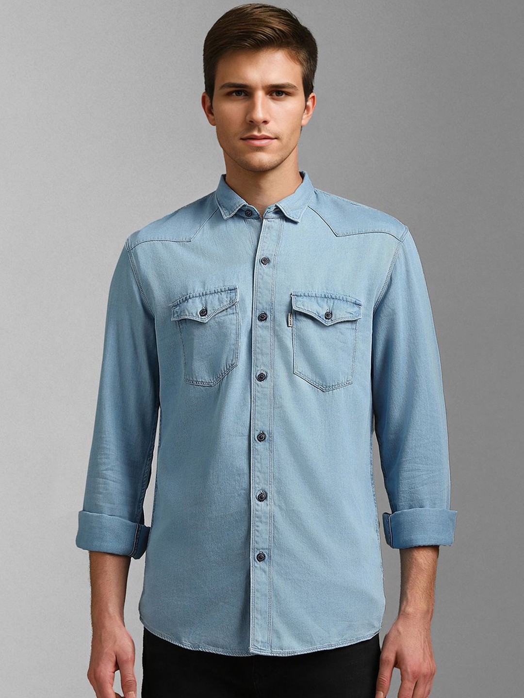 

Louis Philippe Jeans Men Spread Collar Solid Cotton Slim Fit Casual Shirt, Blue