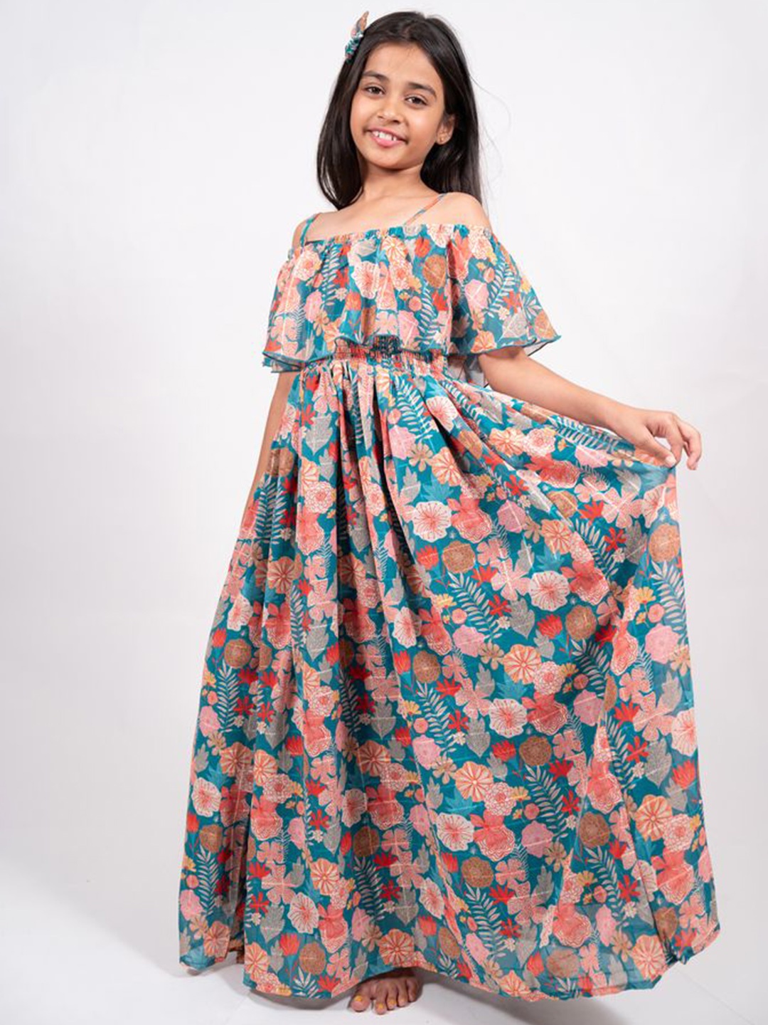 

Sangria Girls Floral Printed Maxi Fit and Flare Ethnic Dress, Green