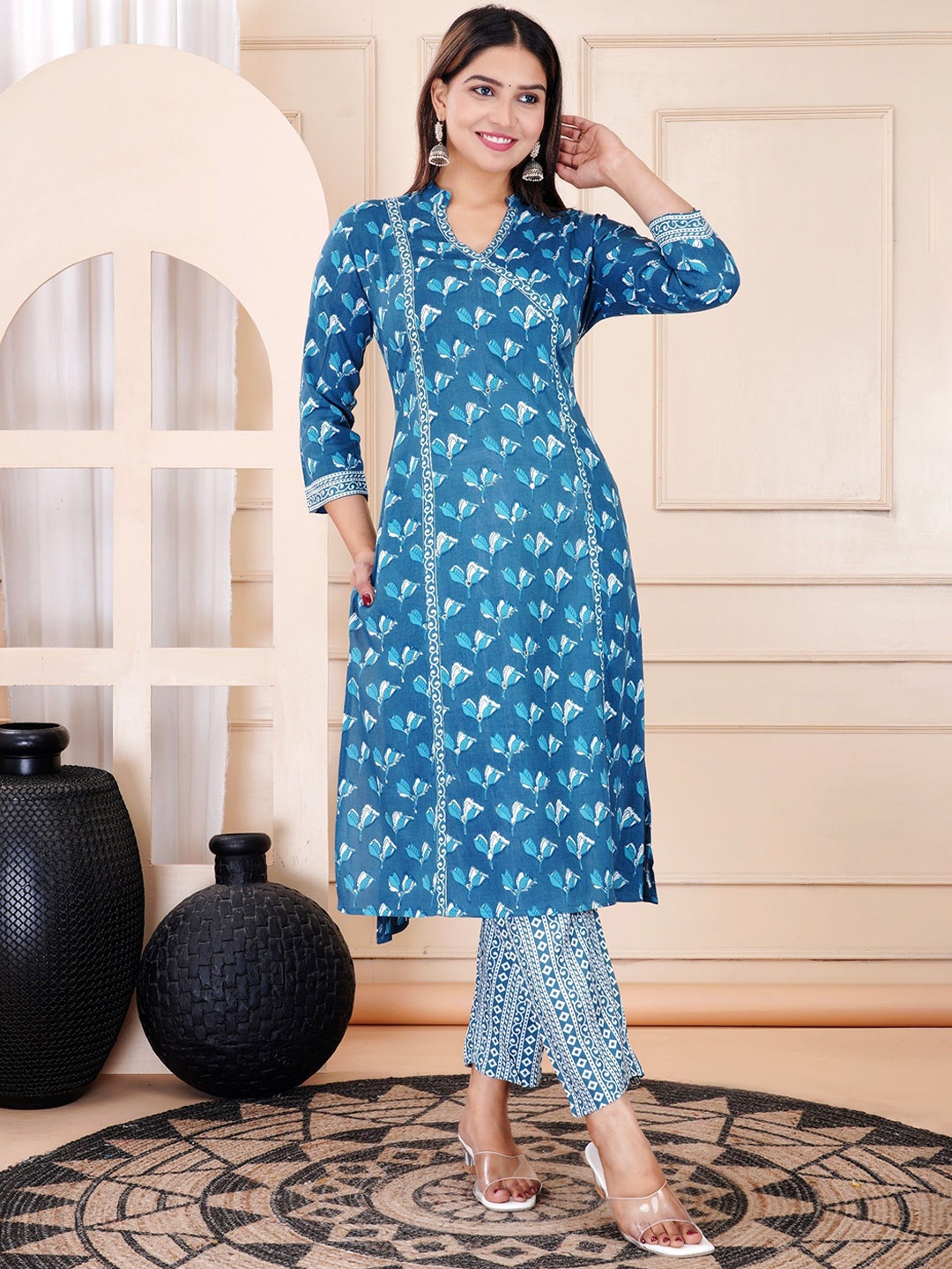 

KALINI Floral Printed Mandarin Collar Pure Cotton Straight Kurta With Trouser, Teal