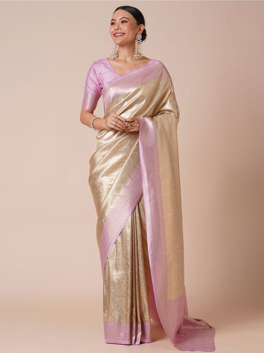 

House of Pataudi Woven Design Kanjeevaram Saree With Blouse Piece, Cream