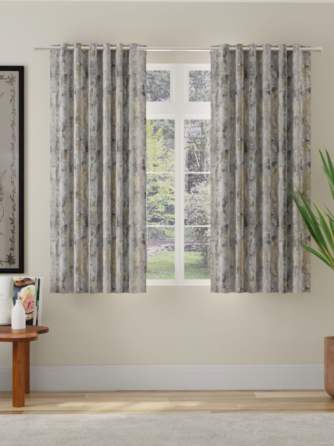 

ROSARA HOME Grey & Beige 2 Pieces Abstract Room Darkening Window Curtains