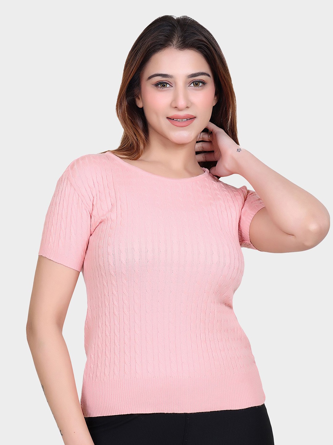 

LEZA Cotton Women Self Design Cotton T-shirt, Pink