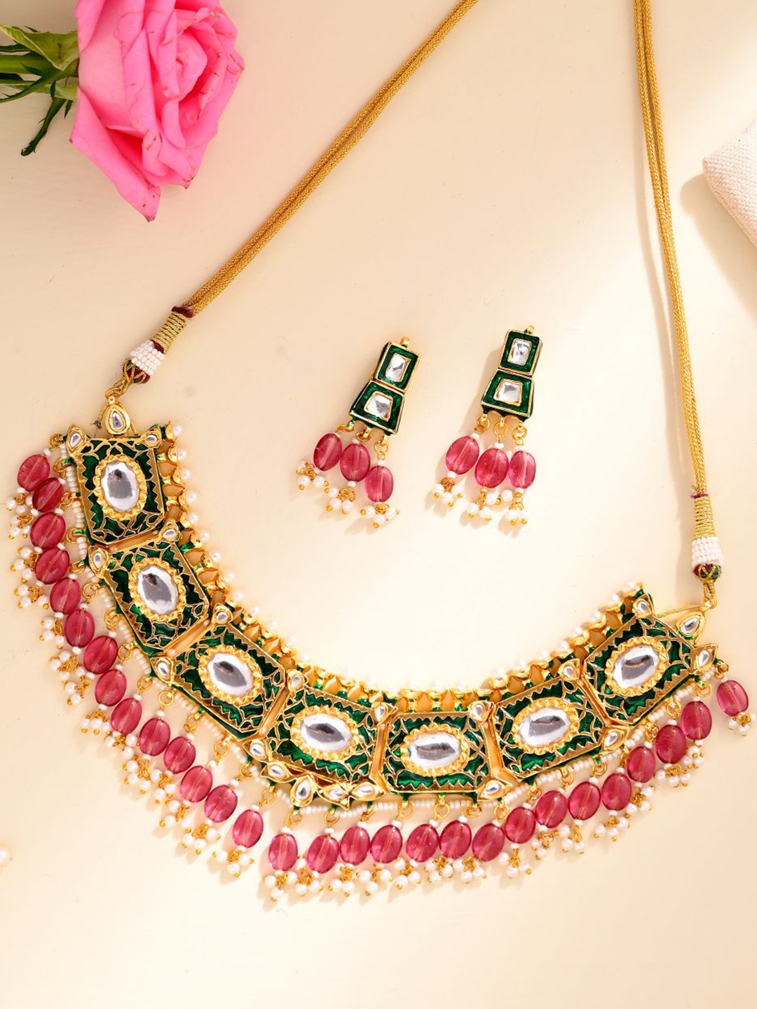 

DASTOOR Gold Plated Stone Studded & Beaded Jewellery Set