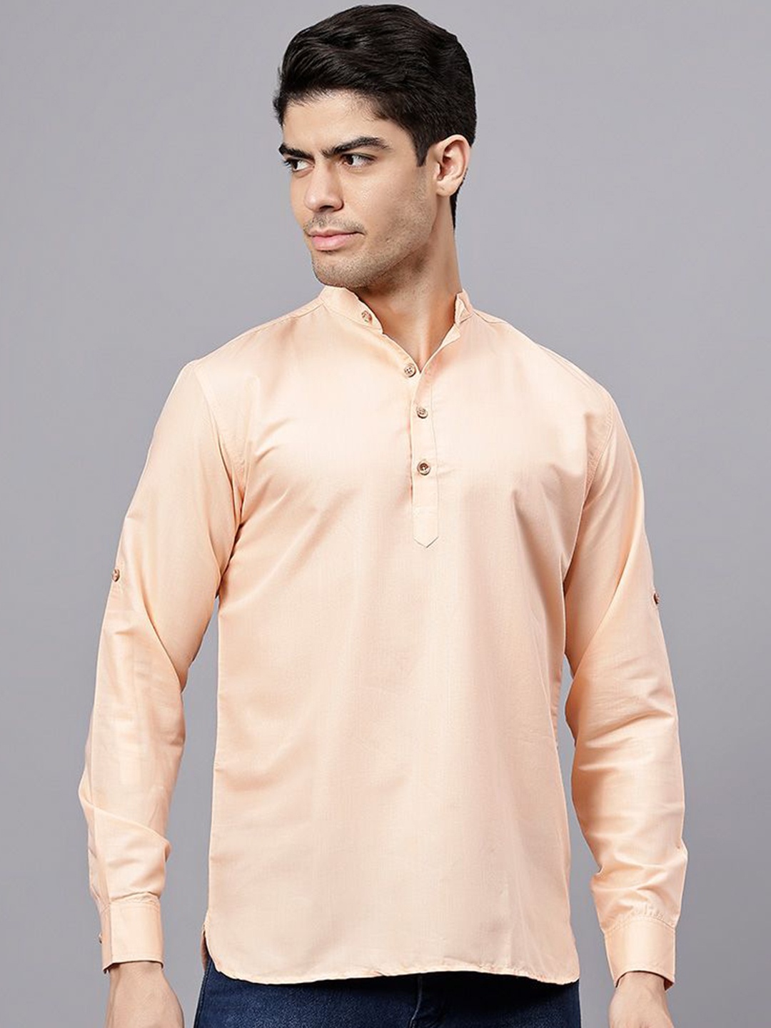 

TrendiVastra Mandarin Collar Roll-Up Sleeves Short Straight Kurta, Orange