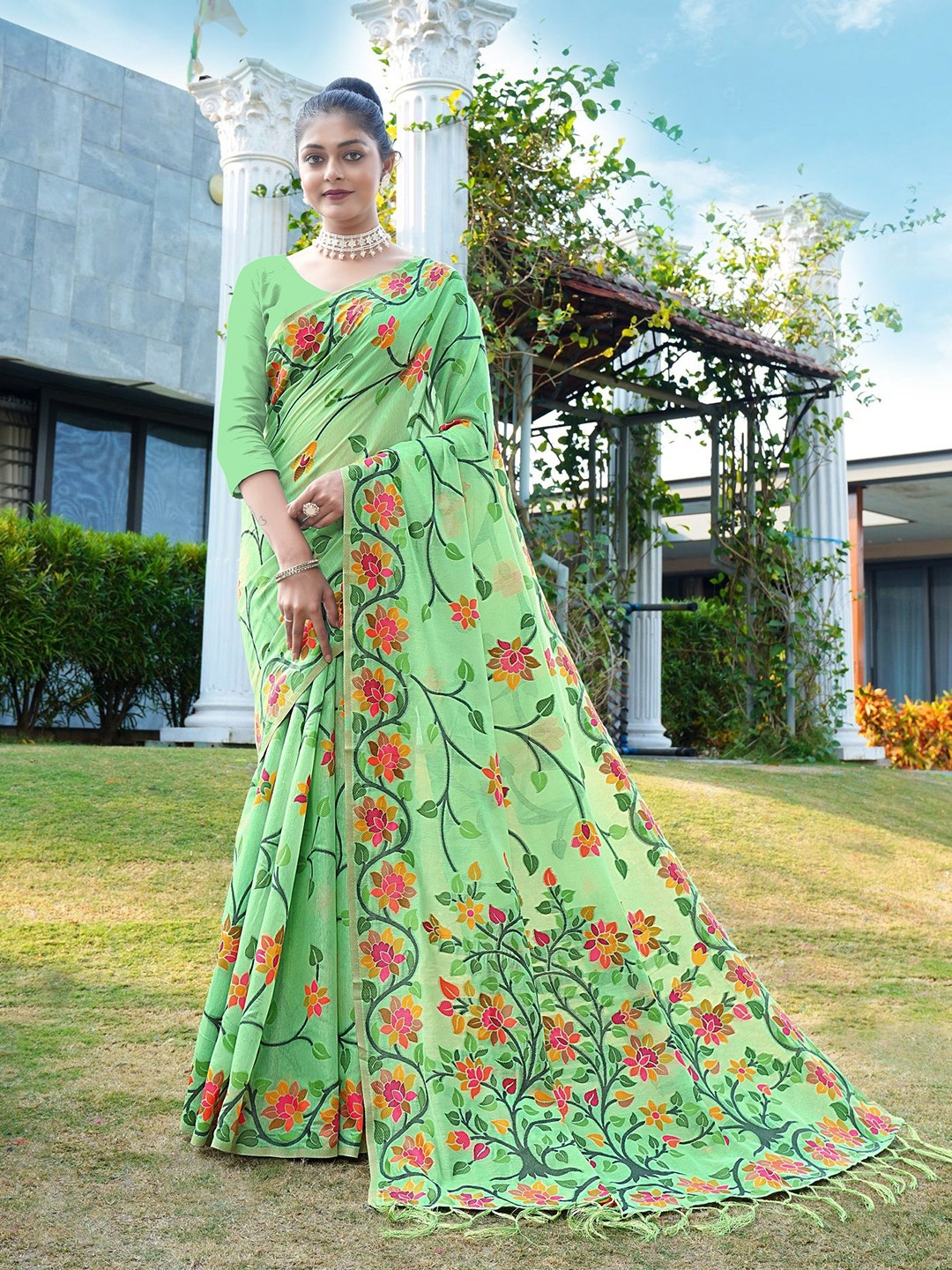 

MAHALASA Ethnic Motifs Pure Cotton Jamdani Saree, Green