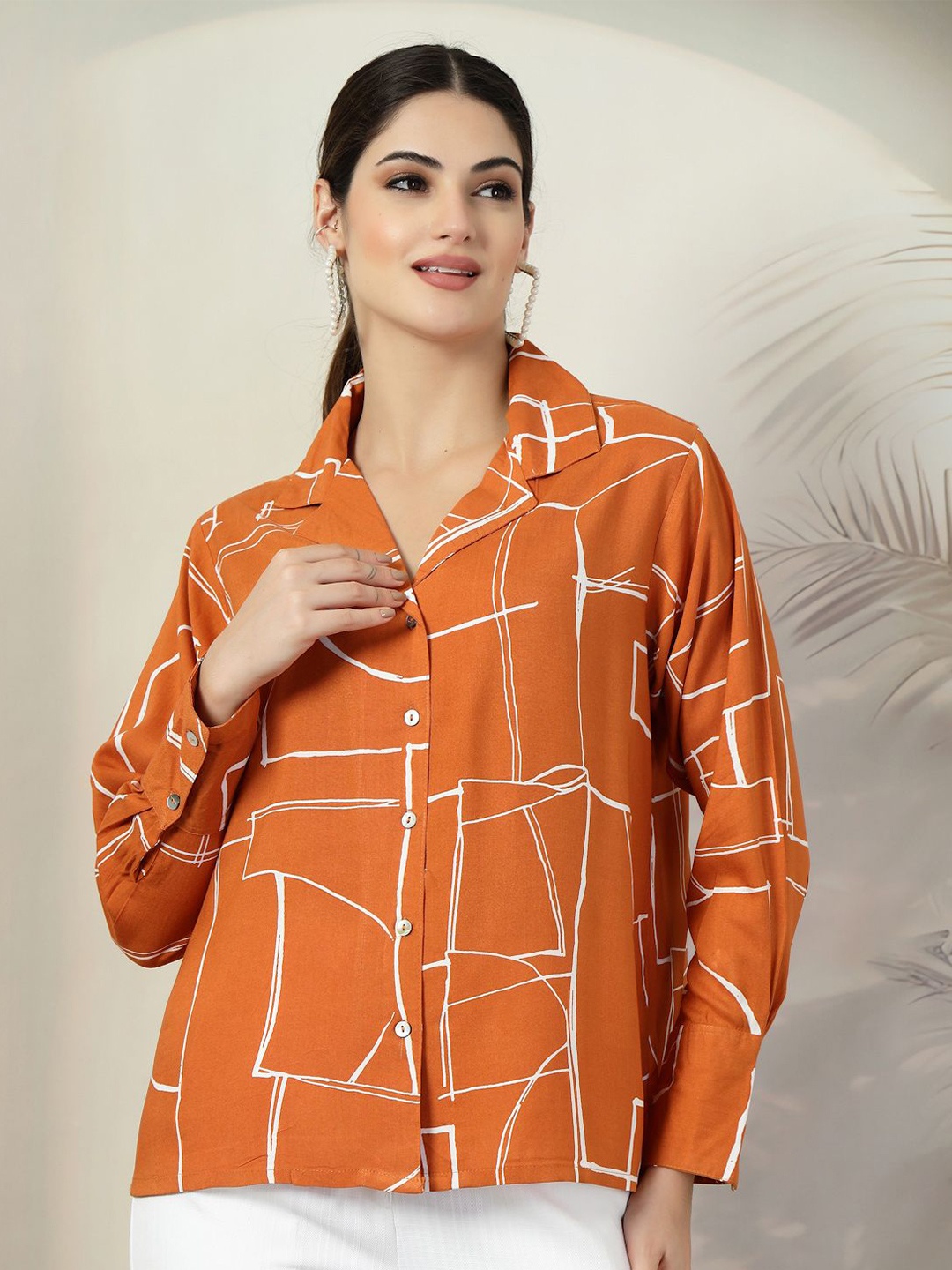 

plusS Women Standard Cuban Collar Abstract Printed Casual Shirt, Orange