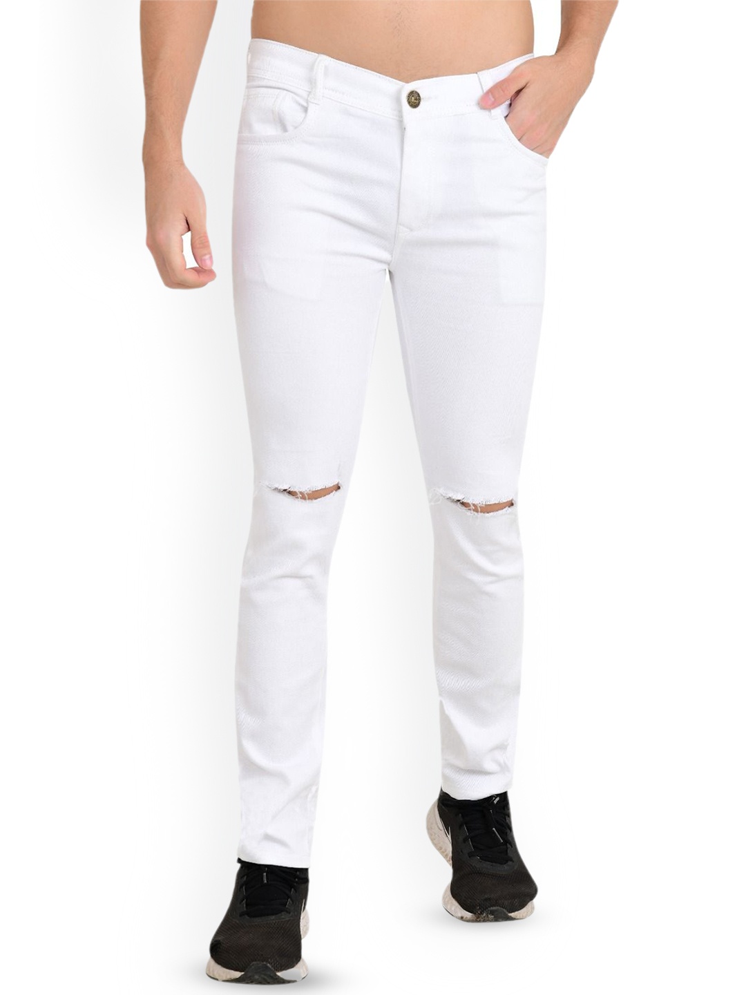 

LINARIA Men Classic Straight Fit Slash Knee Mid-Rise Cotton Jeans, White