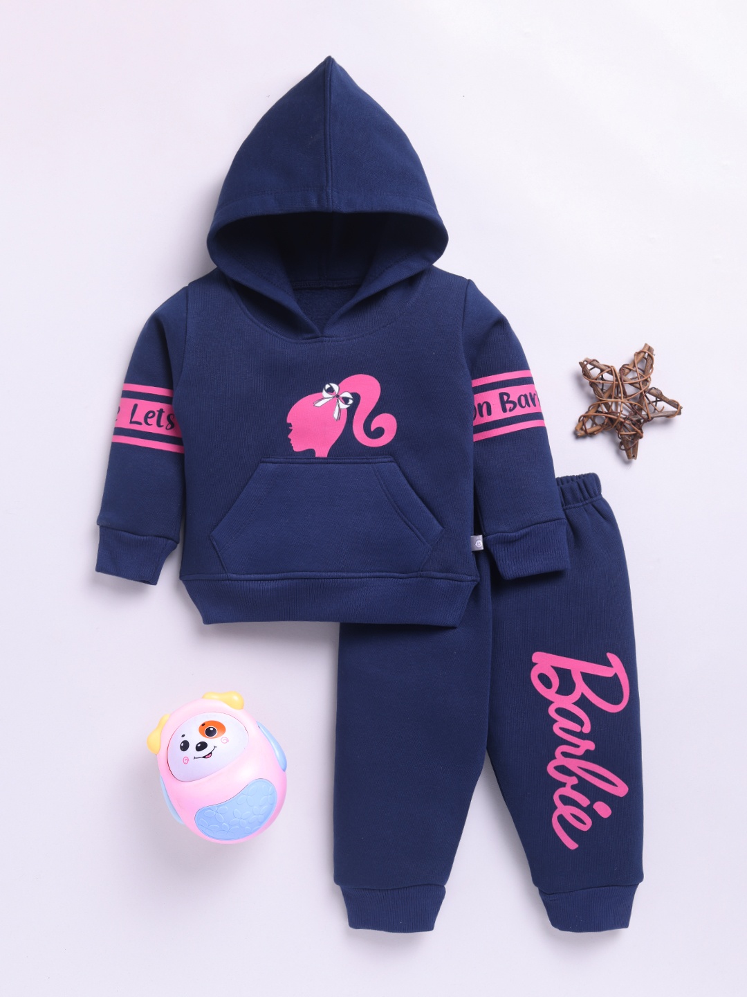 

YK X Tinyo Girls Barbie Printed Hooded Sweatshirt & Joggers For Winter, Navy blue