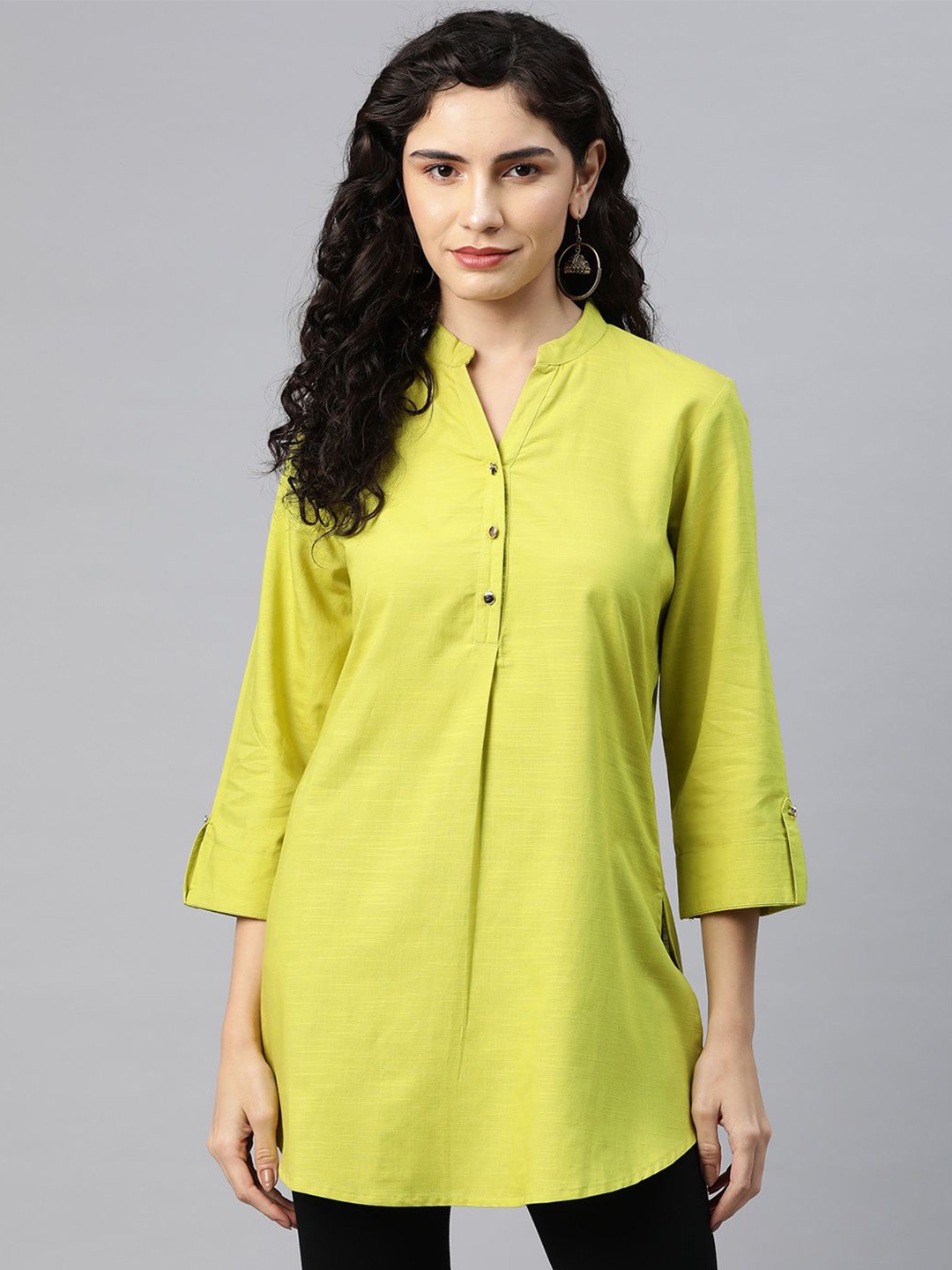 

Nayam By Lakshita Women Mandarin Collar Cotton Kurti, Green