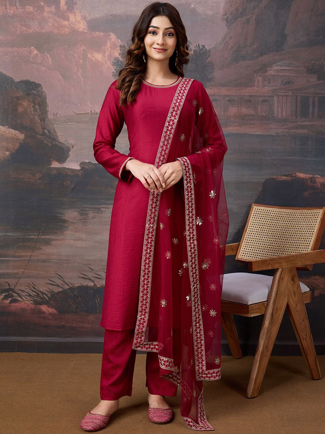 

House of Pataudi Women Embroidered Kurta & Trouser With Dupatta, Pink