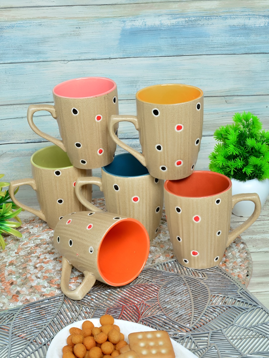 

FABINALIV Beige & Red 6 Pieces Textured Ceramic Glossy Mugs 300 ml