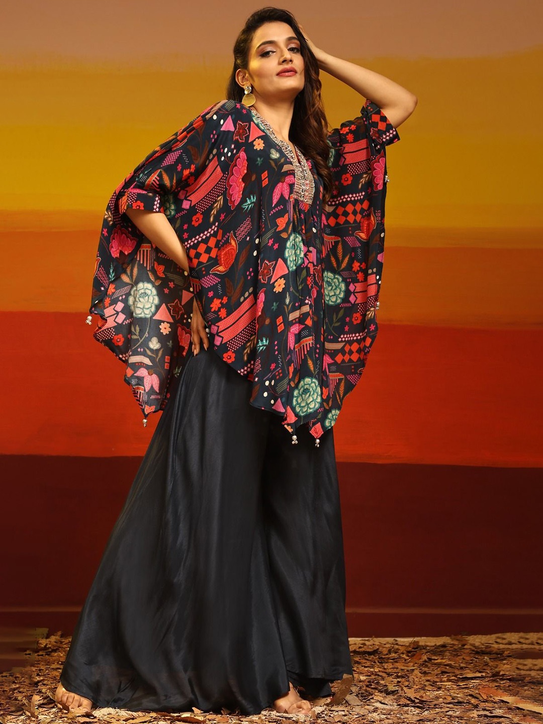 

JIVORA Floral Printed Kaftan Kurta With Sharara, Black