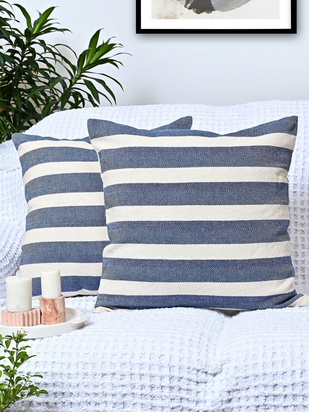 

ANWYN Cream & Grey 2 Pieces Striped Cotton Square Cushion Covers