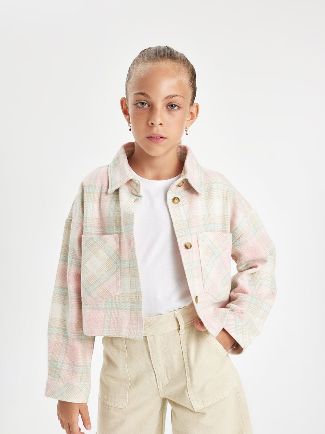 

DeFacto Girls Cutaway Collar Tartan Checked Cotton Casual Shirt, Pink