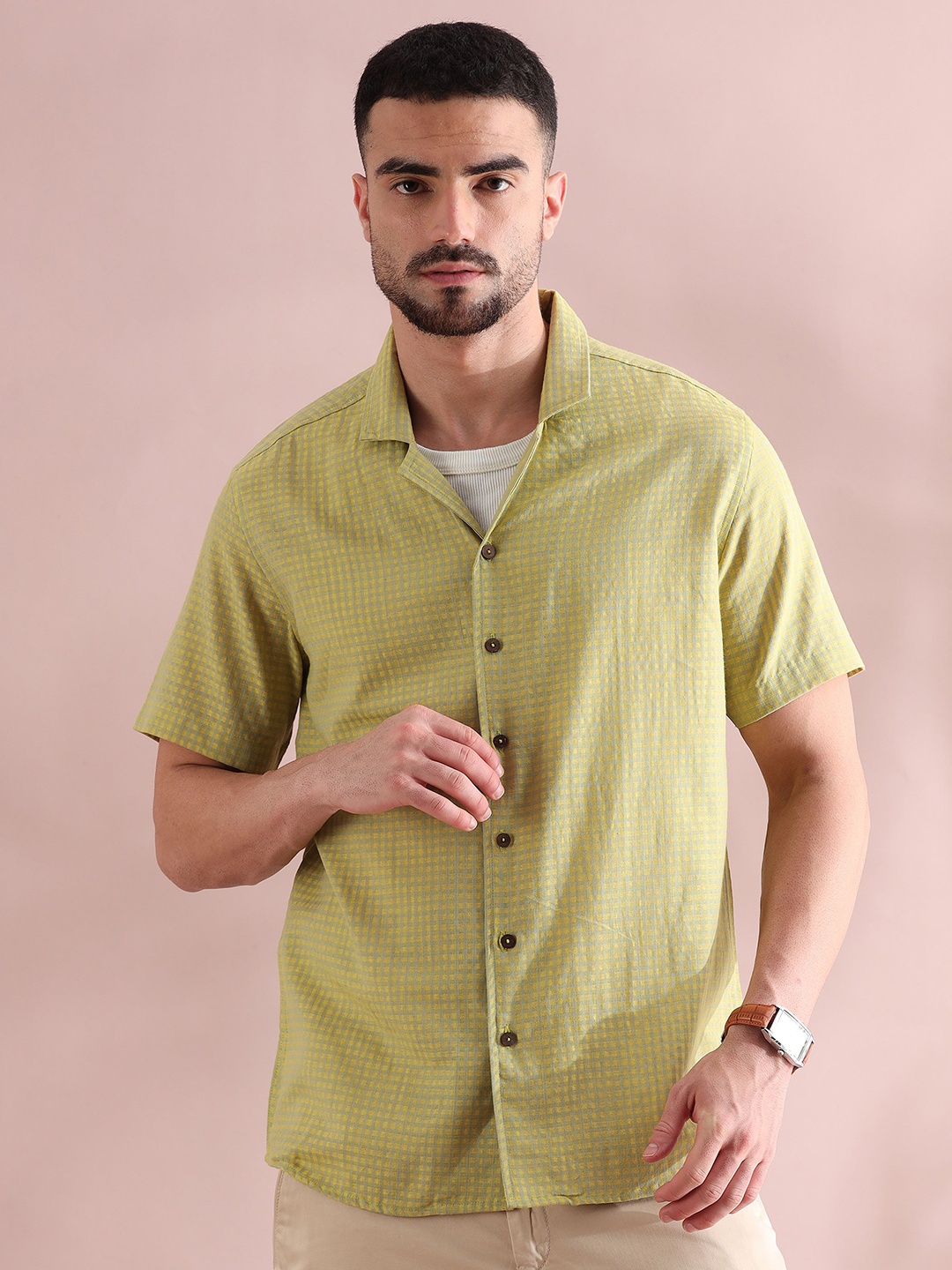 

FILORI Men Comfort Cuban Collar Micro Checked Cotton Casual Shirt, Green