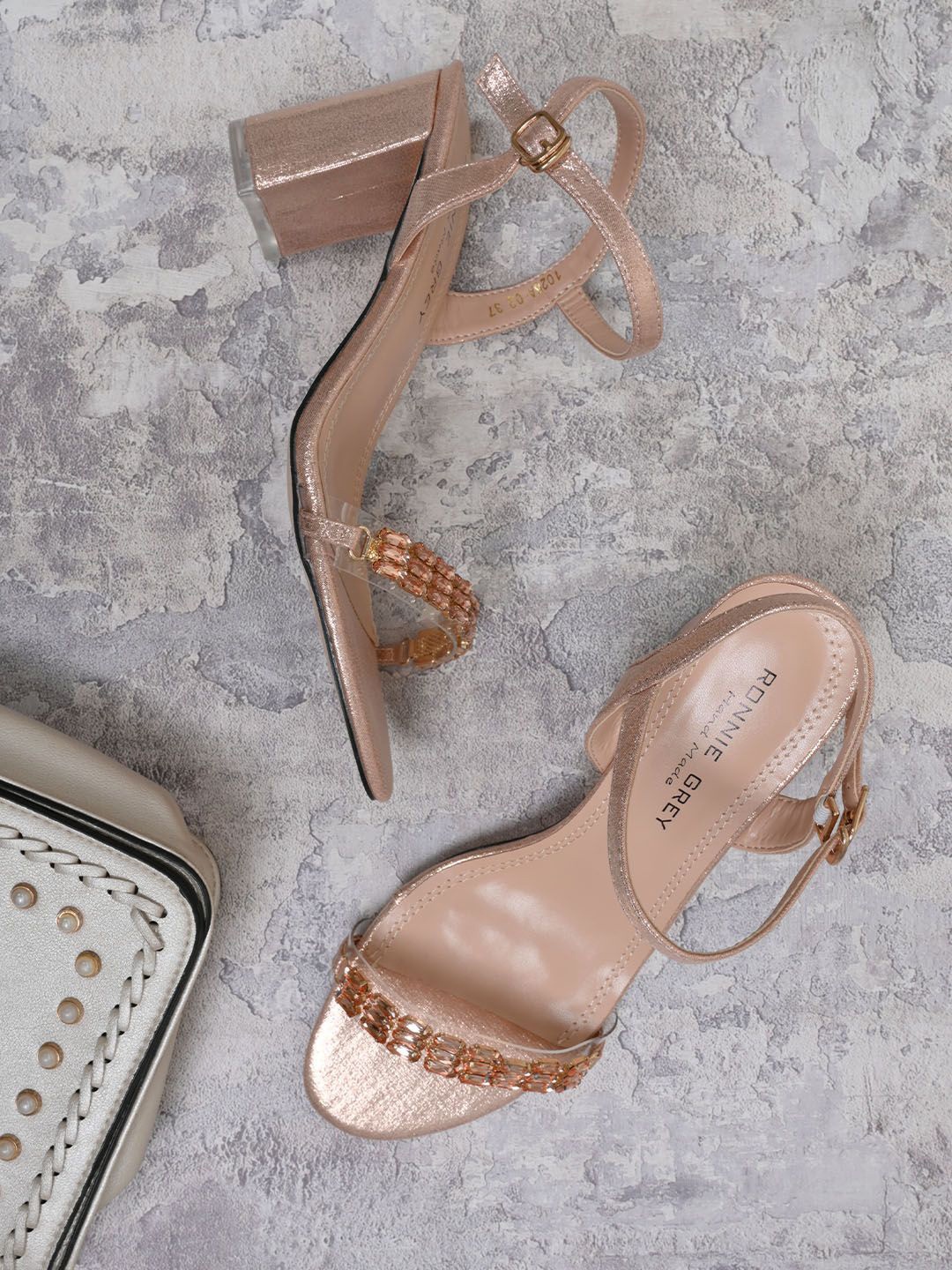 

Ronnie Women Grey Embellished PU Party Block Sandals, Champagne