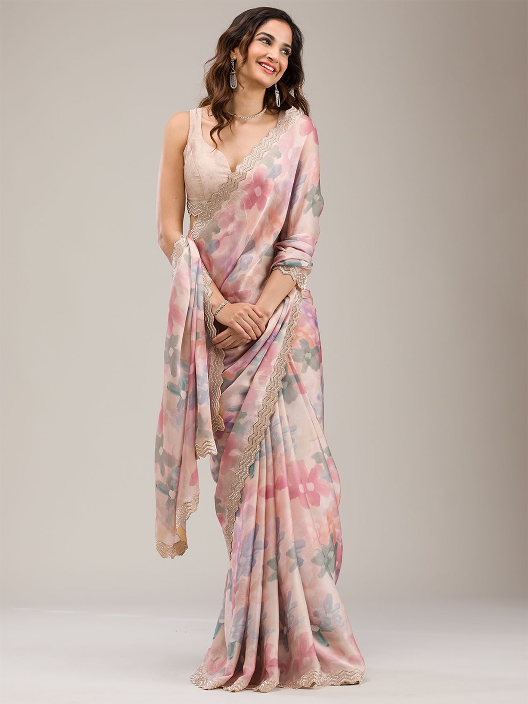 

Koskii Beads and Stones Printed Pure Georgette Saree, Beige