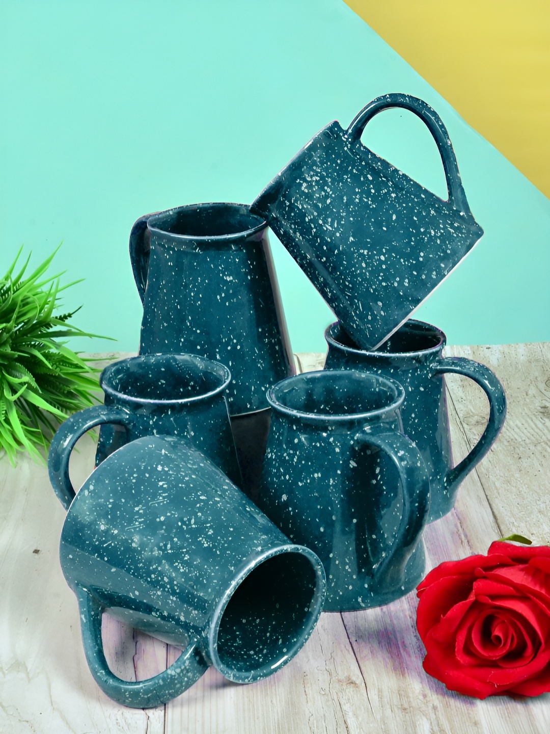 

FABINALIV Blue 6 Pieces Printed Ceramic Glossy Mugs 300 ml