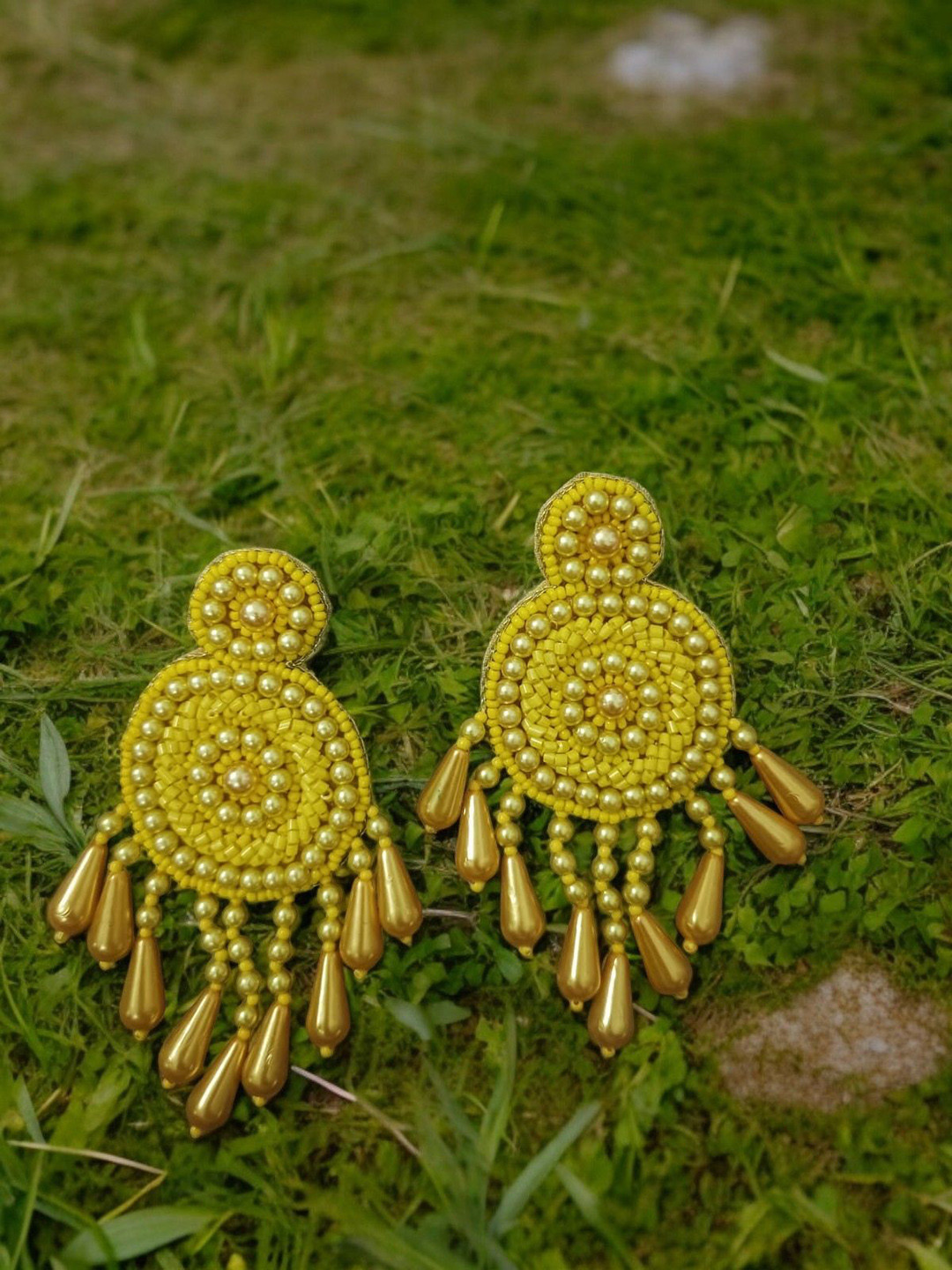 

PRIAANSHA CREATIONS Contemporary pearl Drop Earrings, Yellow
