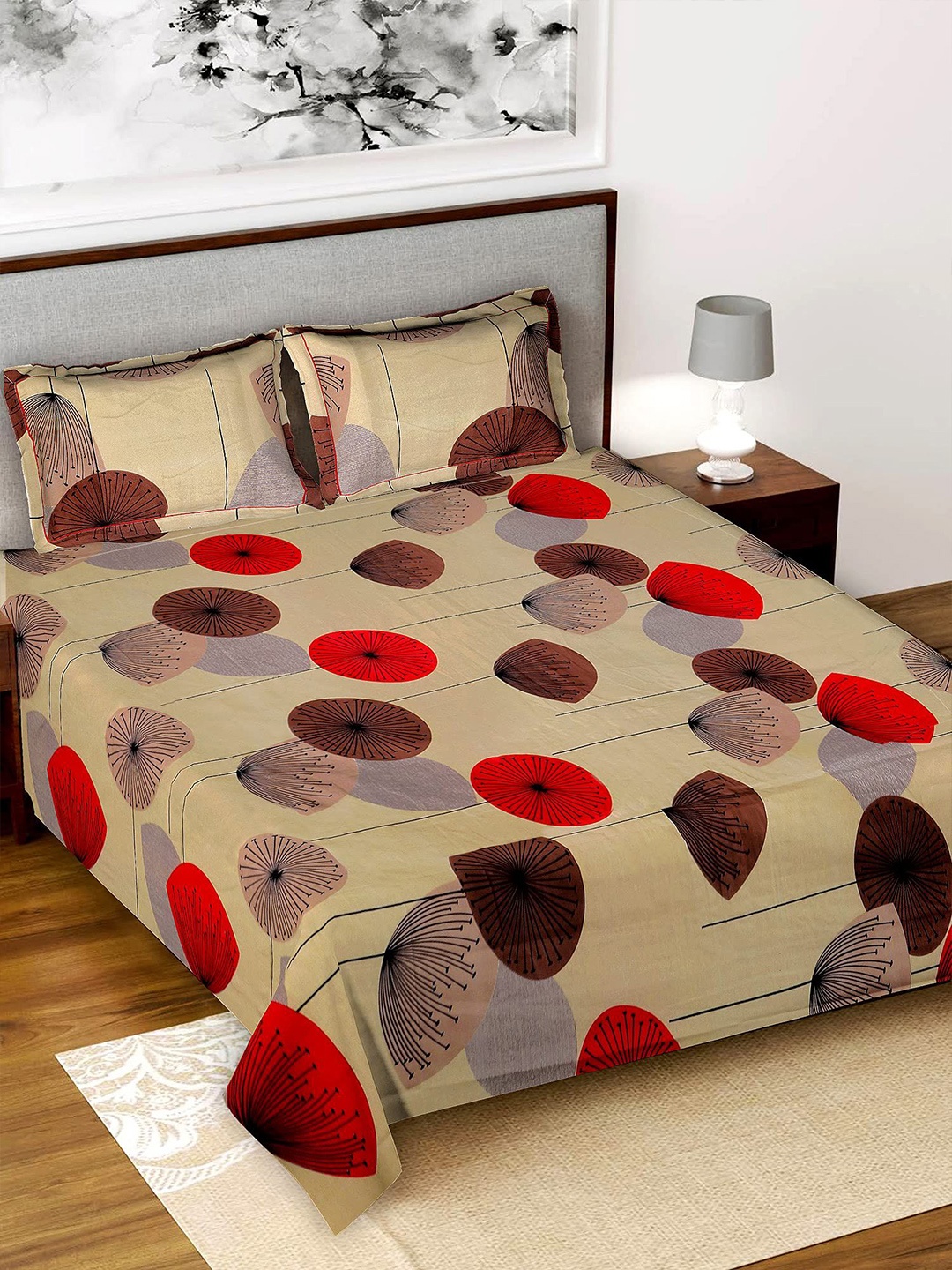 

Kuber Industries Cream & Red Printed 144 TC King Bedsheet with 2 Pillow Covers