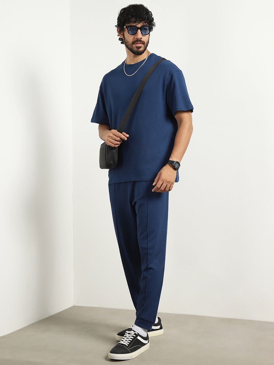 

NOBERO Oversized Textured T-shirt and Joggers Co-ord Set, Navy blue