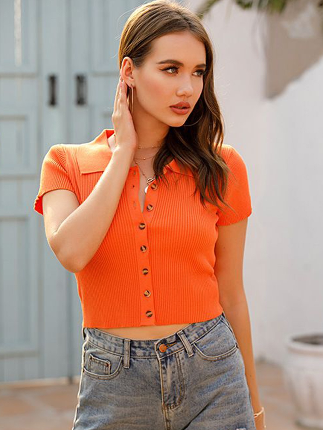 

StyleCast Women Solid Shirt Collar Top, Orange