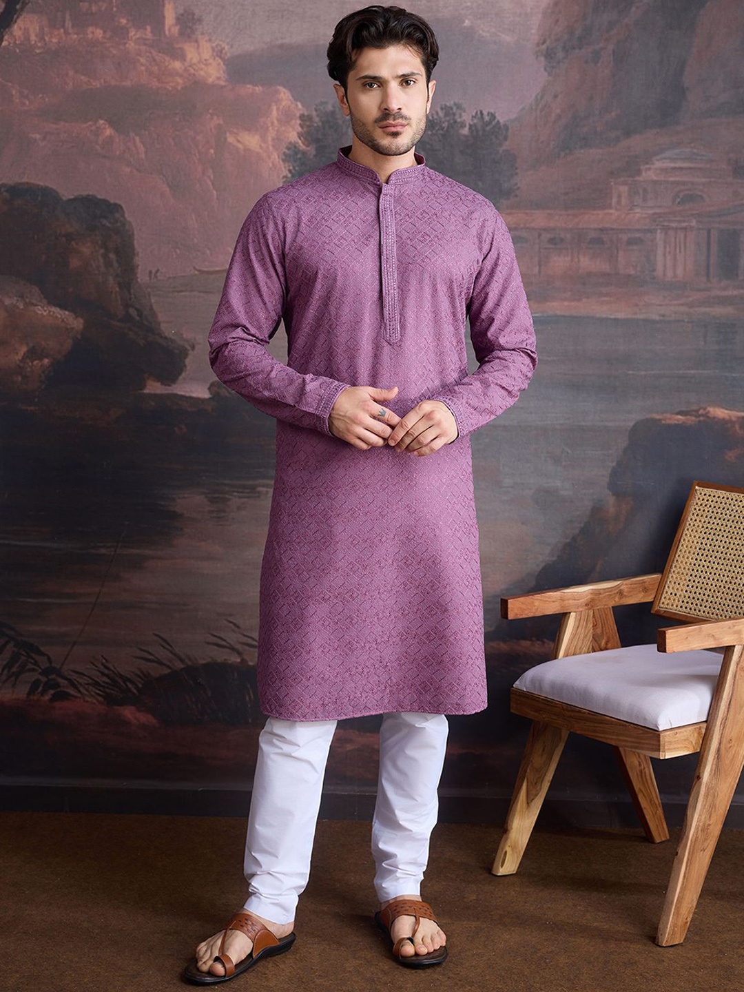 

House of Pataudi Floral Embroidered Chikankari Straight Kurta With Pyjamas, Purple