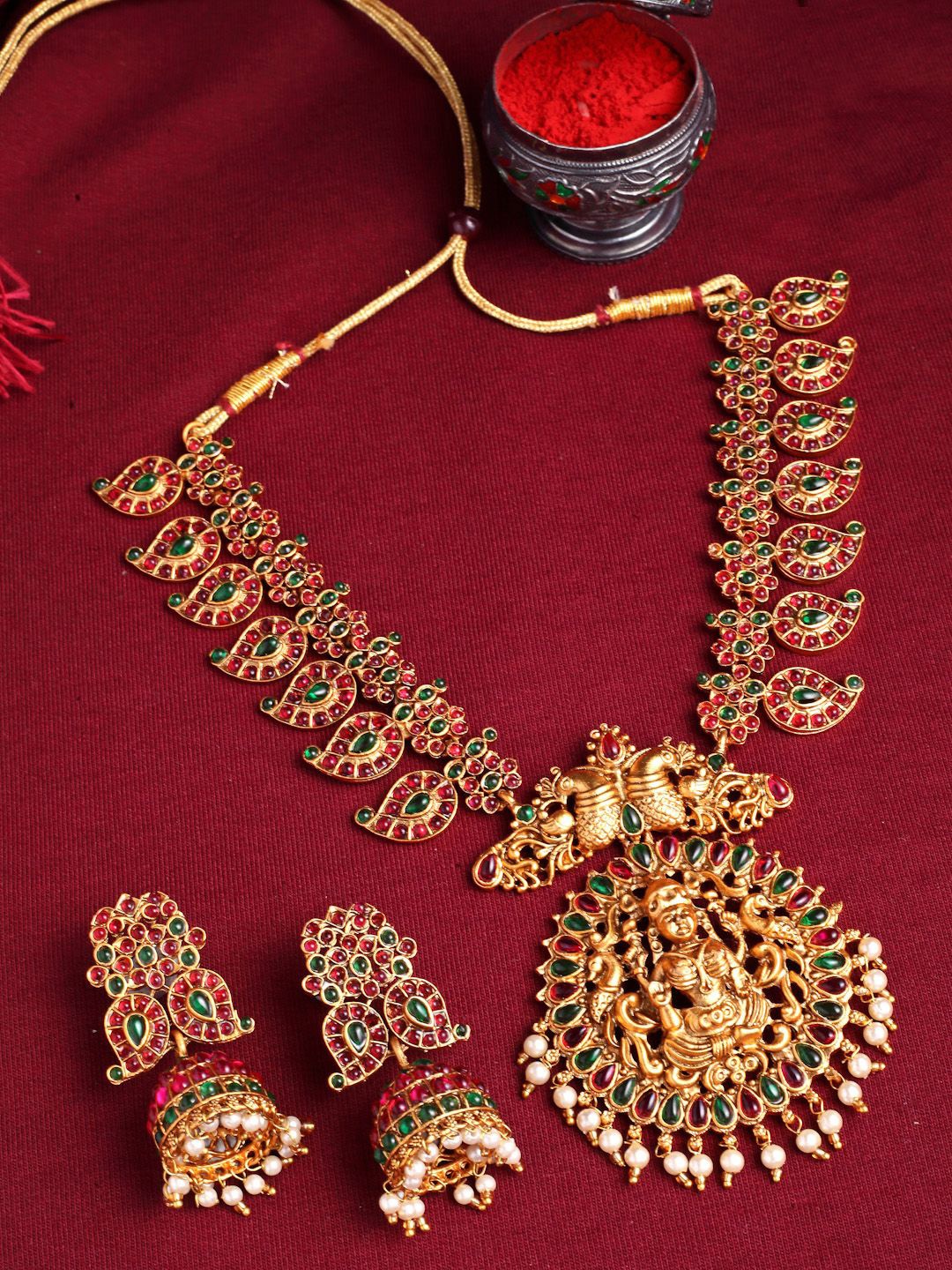 

Anouk Red Gold Plated Temple Stones Studded Jewellery Set