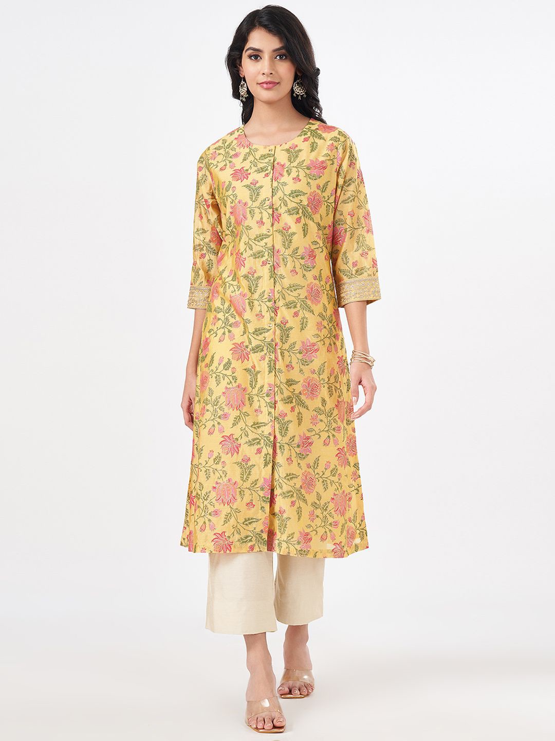 

RANGMANCH BY PANTALOONS Women Floral Flared Sleeves Sequinned Kurta, Yellow