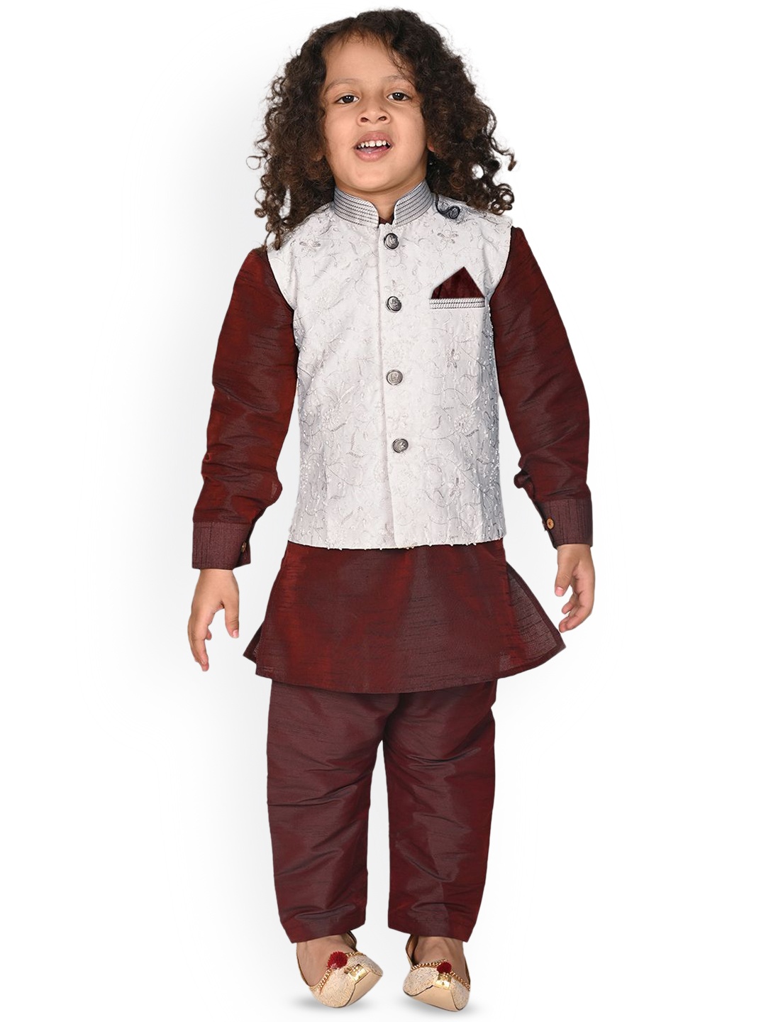 

Pehanaava Boys Mandarin Collar Kurta with Pyjamas & Waistcoat, Burgundy