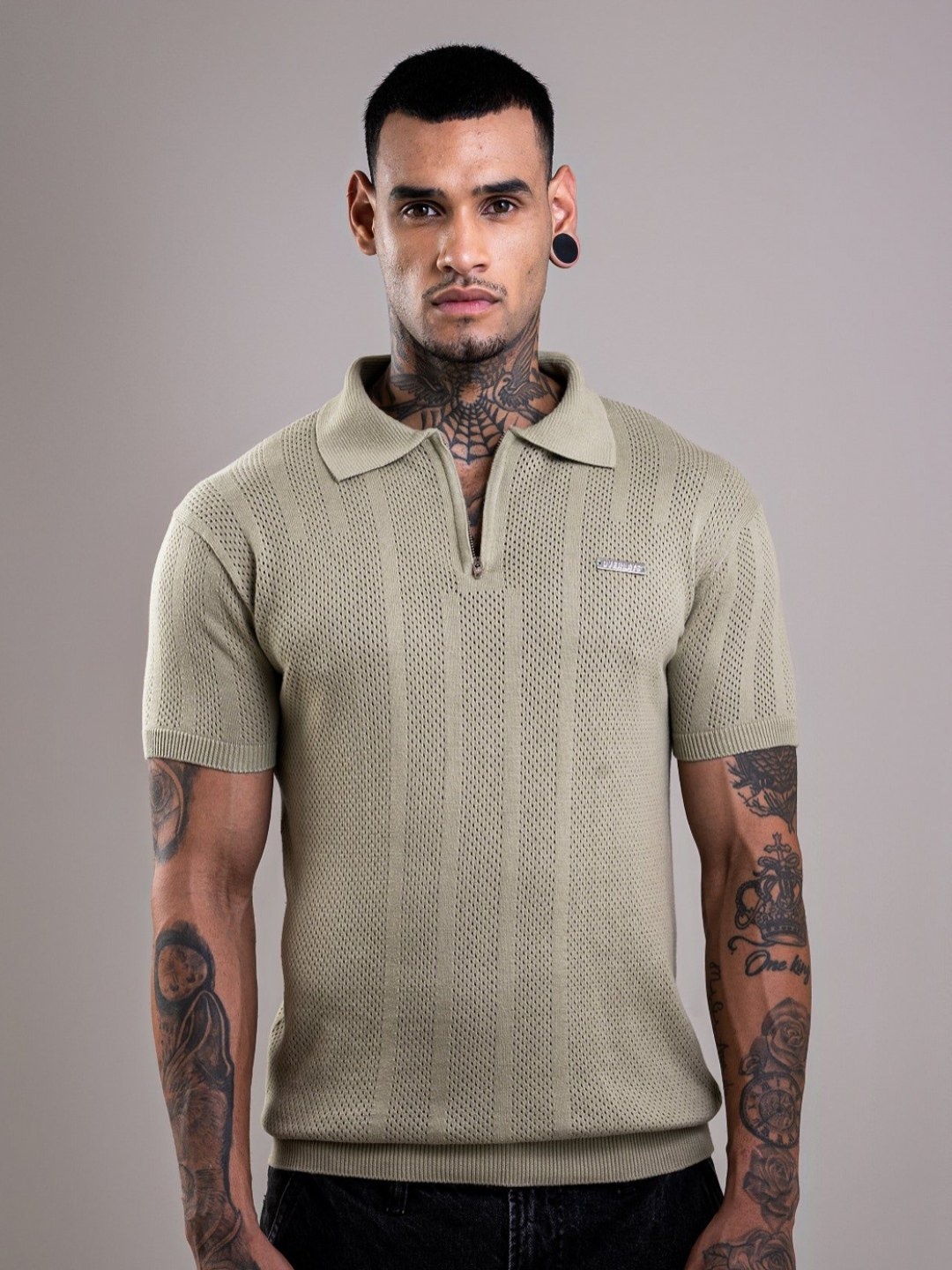 

Overlays Self Design Polo Collar Cotton T-shirt, Grey
