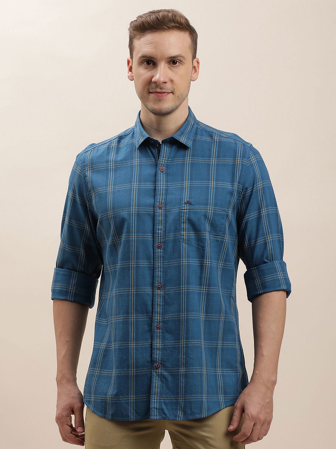 

Turtle Men Relaxed Spread Collar Checked Cotton Slim Fit Casual Shirt, Blue