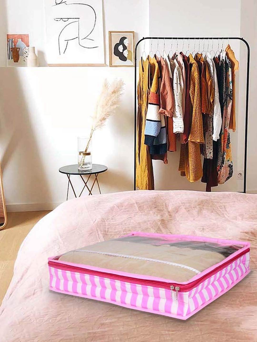 

prettykrafts Pink & White 3 Pieces Striped Wardrobe Drawer Organisers