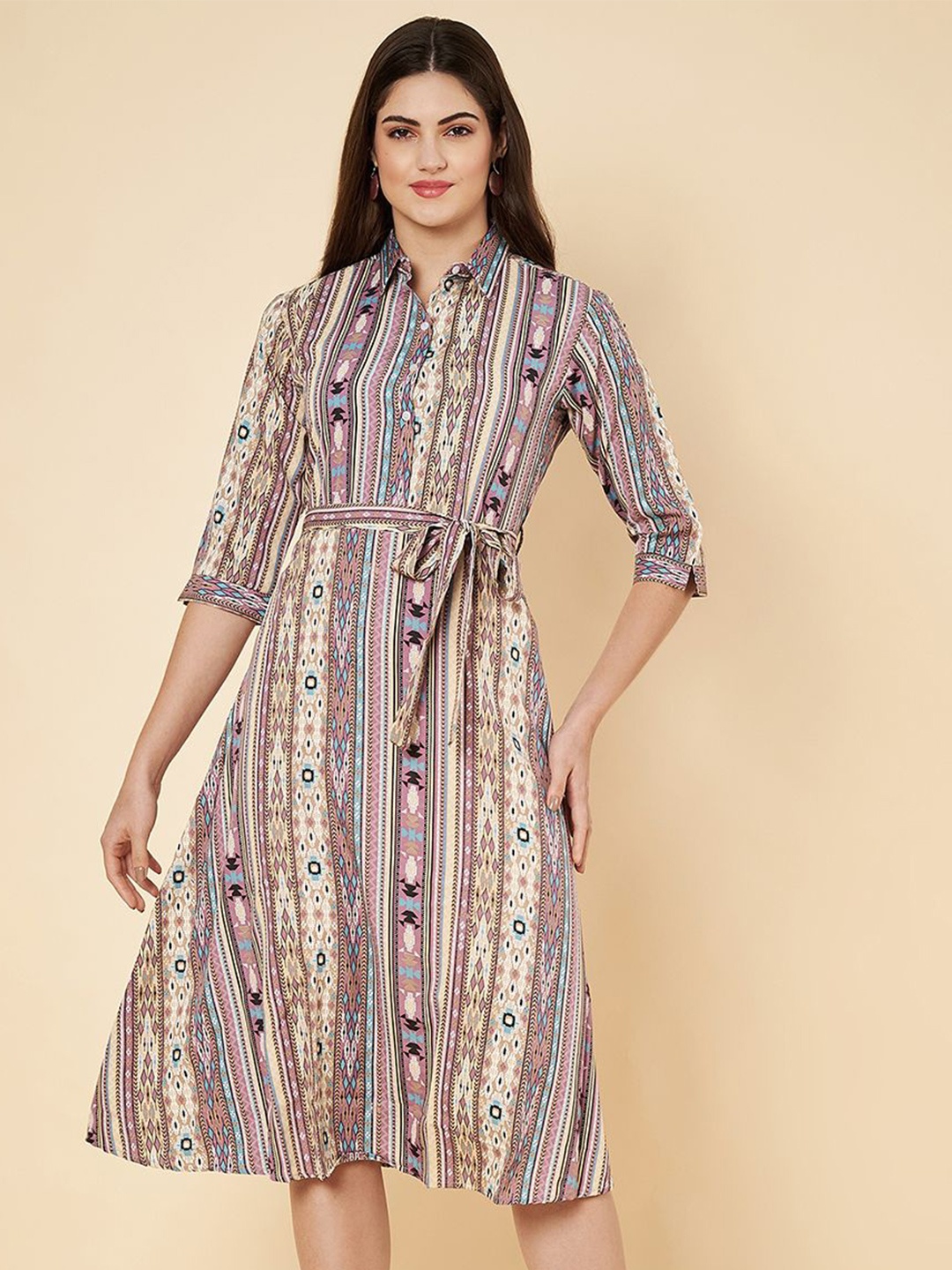 

Fbella Women Striped Print Shirt Dress, Beige