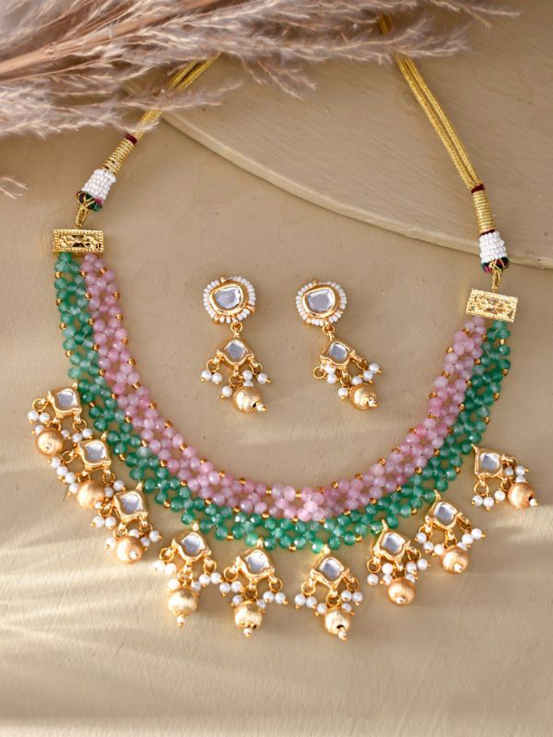 

DASTOOR Gold-Plated Stone-Studded & Beaded Jewellery Set
