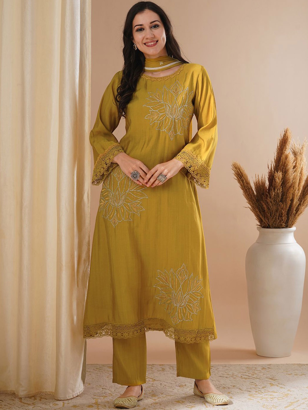 

FASHOR Floral Embroidered Zari A-Line Kurta With Trouser & Dupatta, Mustard