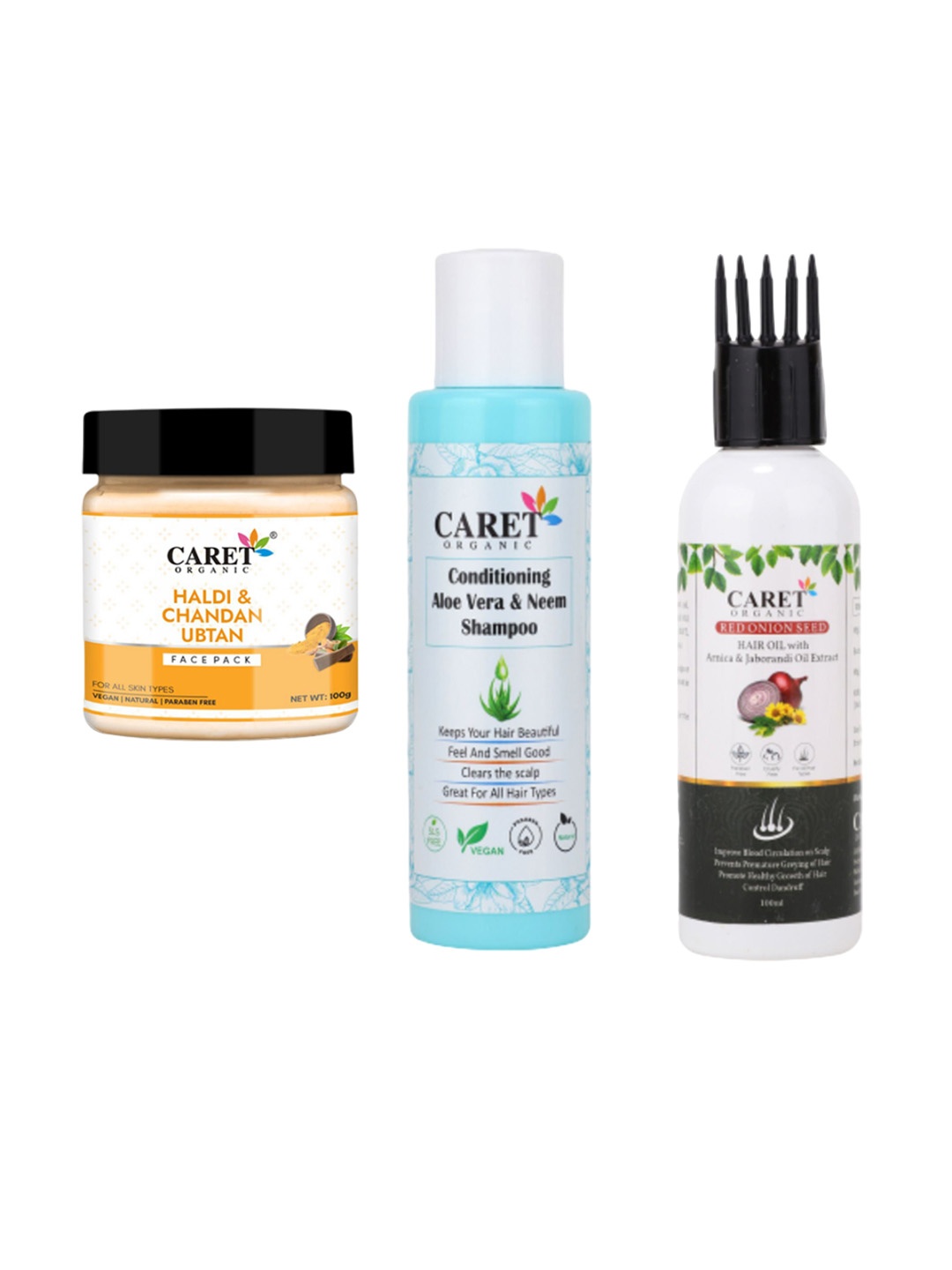 

CARET ORGANIC Haldi & Chandan Ubtan Face Pack, Aloevera Shampoo & Onion Hair Oil, White